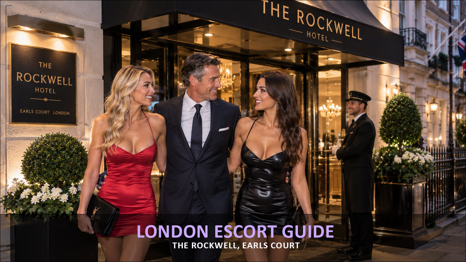 two high class escorts entering the Rockwell hotel in earls court.  London with a well dressed man